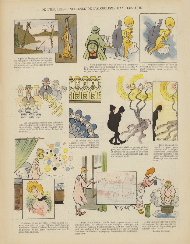 De gelukkige invloed van alcoholisme op de kunsten. Illustratie voor Le Rire door Henri Avelot
