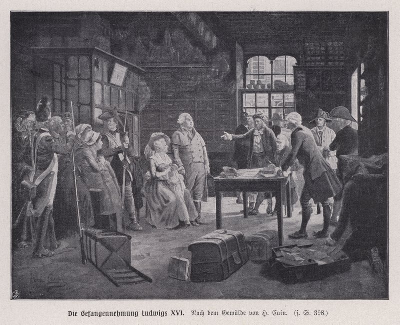 Arrestatie van koning Lodewijk XVI van Frankrijk en zijn familie in Varennes tijdens hun poging om te ontsnappen na de Franse Revolutie door Henri Cain