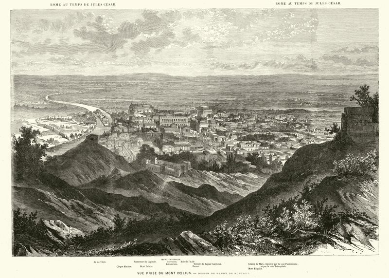 Rome gezien vanaf de Caeliaanse heuvel in de tijd van Julius Caesar (gravure) door Henri de (after) Montaut