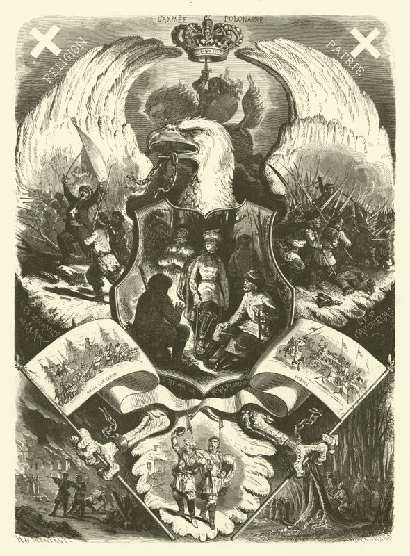Soldaten en uniformen van het Poolse leger tijdens de opstand van 1863-1864 tegen de Russische overheersing (gravure) door Henri de (after) Montaut
