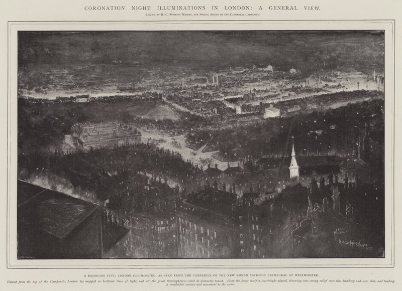 Kroningsnachtverlichting in Londen, een algemeen uitzicht, een juichende stad, Londen verlicht, gezien vanaf de Campanile van de nieuwe rooms-katholieke kathedraal in Westminster door Henry Charles Seppings Wright