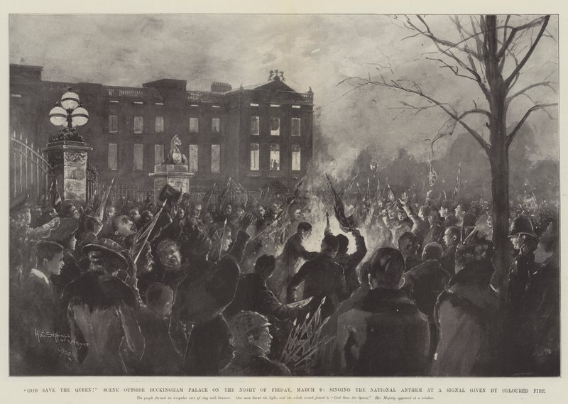 God Save the Queen! Scène buiten Buckingham Palace op de avond van vrijdag 9 maart, het zingen van het volkslied op een signaal gegeven door gekleurd vuur door Henry Charles Seppings Wright