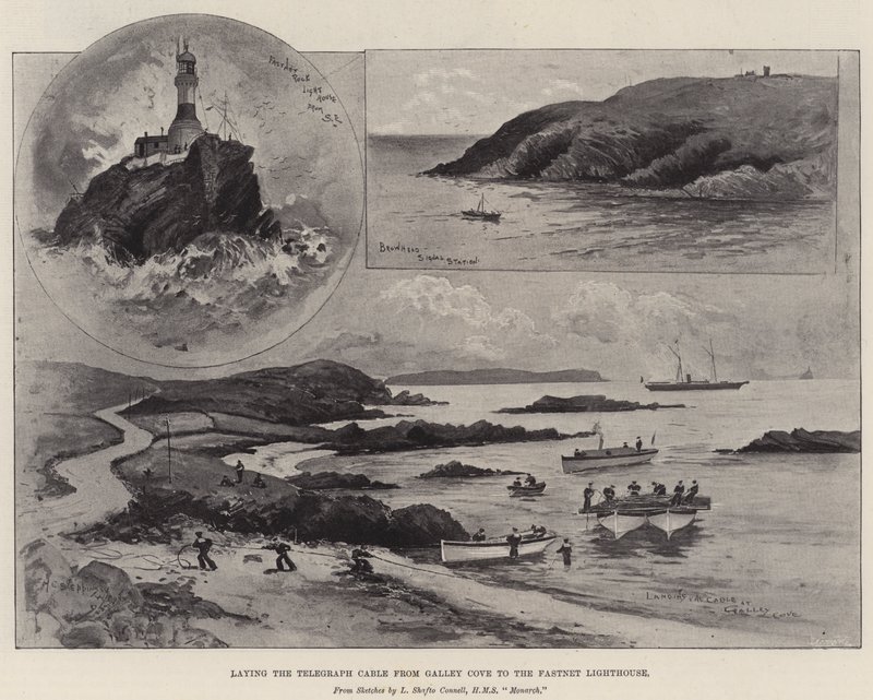 Het leggen van de telegraafkabel van Galley Cove naar de Fastnet-vuurtoren door Henry Charles Seppings Wright