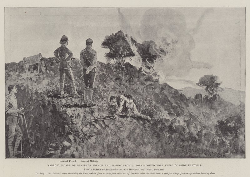 Nauwe ontsnapping van generaals French en Mahon van een veertig-ponds Boeren granaat buiten Pretoria door Henry Charles Seppings Wright