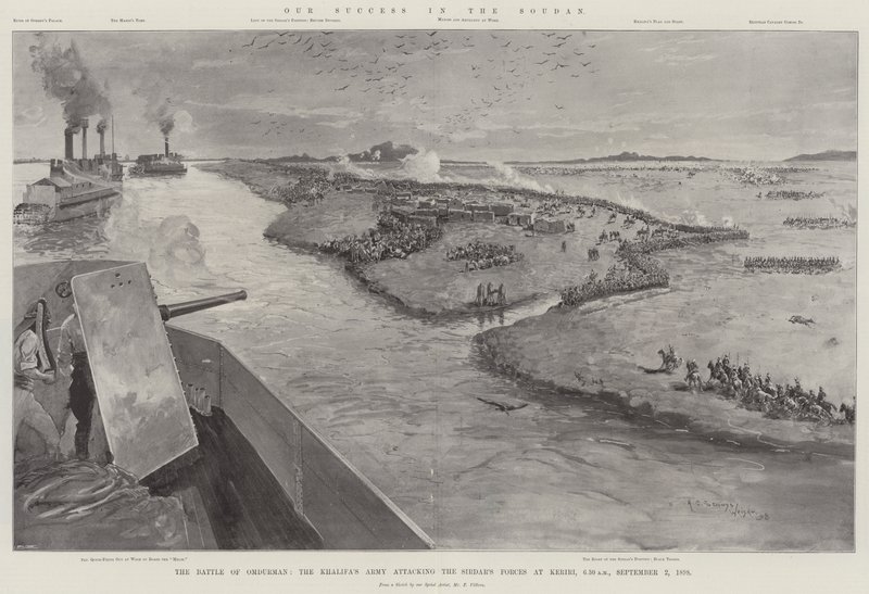 Ons succes in de Soedan, de slag bij Omdurman, het leger van de Khalifa valt de troepen van de Sirdar aan bij Keriri, 6.30 uur, 2 september 1898 door Henry Charles Seppings Wright
