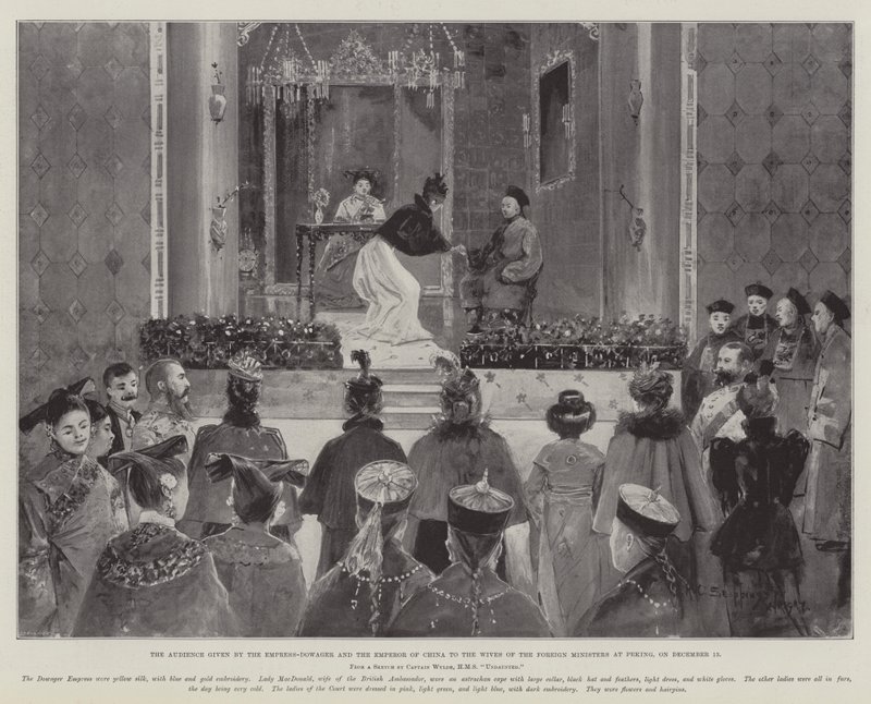 Het publiek van de keizerin-weduwe en de keizer van China aan de echtgenotes van de buitenlandse ministers in Peking, op 13 december door Henry Charles Seppings Wright