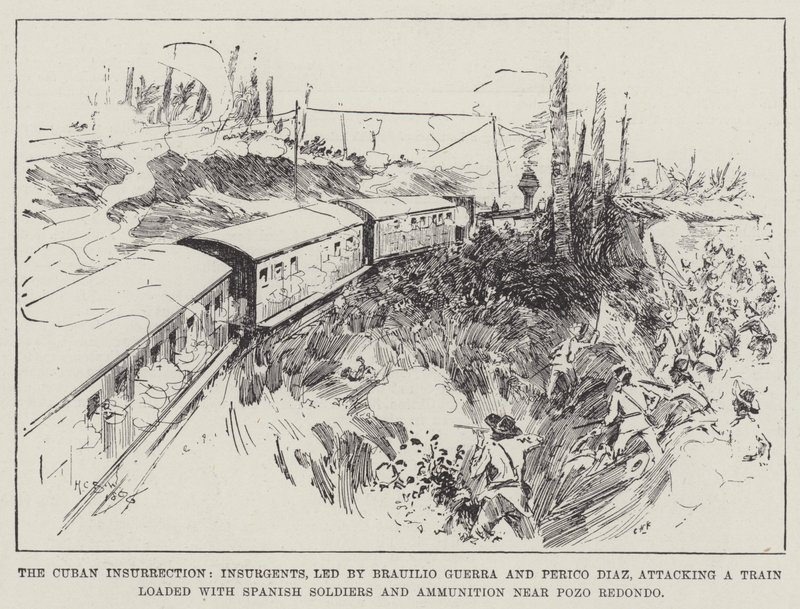 De Cubaanse Opstand, Opstandelingen, geleid door Brauilio Guerra en Perico Diaz, aanvallen op een trein geladen met Spaanse soldaten en munitie nabij Pozo Redondo door Henry Charles Seppings Wright