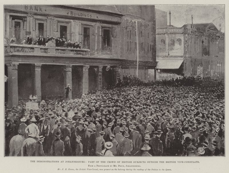 De Demonstraties in Johannesburg, Deel van de Menigte van Britse Onderwerpen buiten het Britse Vice-Consulaat door Henry Charles Seppings Wright