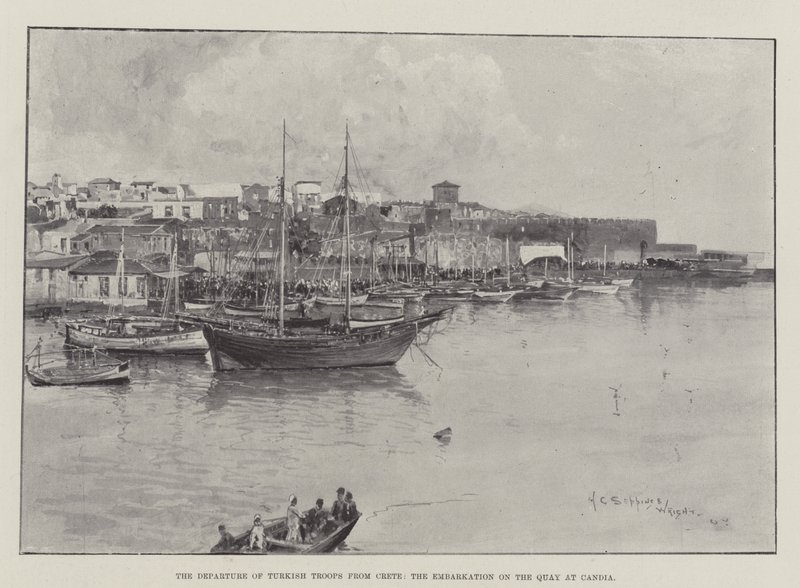 Het vertrek van Turkse troepen uit Kreta, de inscheping op de kade van Candia door Henry Charles Seppings Wright