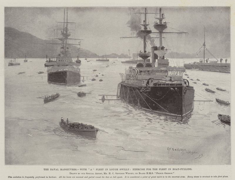 De Marine Manoeuvres, met een Vloot in Lough Swilly, Oefening voor de Vloot in Boottrekken door Henry Charles Seppings Wright