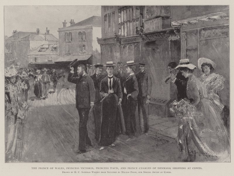 De Prins van Wales, Prinses Victoria, Prinses Maud en Prins Charles van Denemarken winkelen in Cowes door Henry Charles Seppings Wright