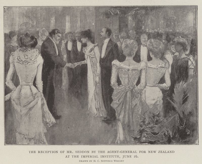 De ontvangst van de heer Seddon door de Agent-Generaal voor Nieuw-Zeeland in het Imperial Institute, 16 juni door Henry Charles Seppings Wright