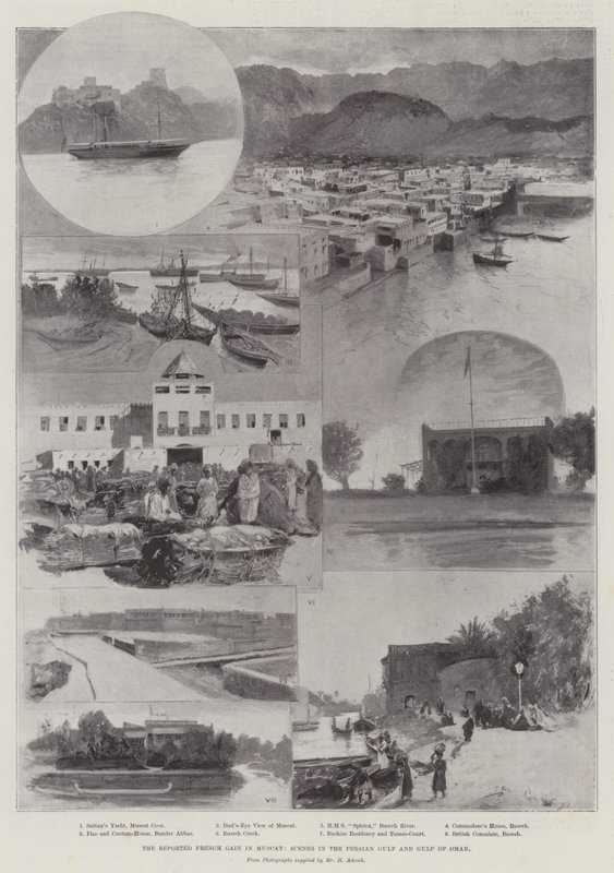 Het gerapporteerde Franse succes in Muscat, scènes in de Perzische Golf en Golf van Oman door Henry Charles Seppings Wright
