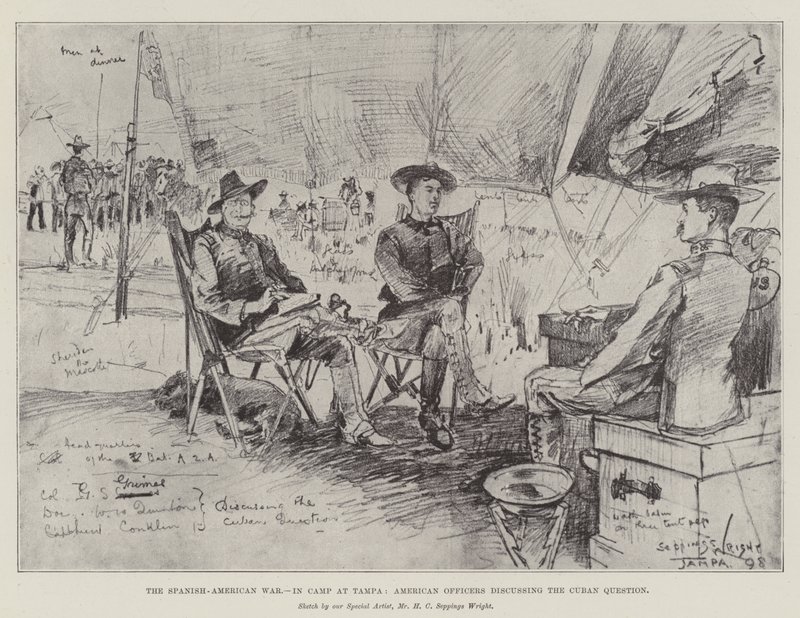 De Spaans-Amerikaanse Oorlog, in Kamp bij Tampa, Amerikaanse Officieren bespreken de Cubaanse Kwestie door Henry Charles Seppings Wright