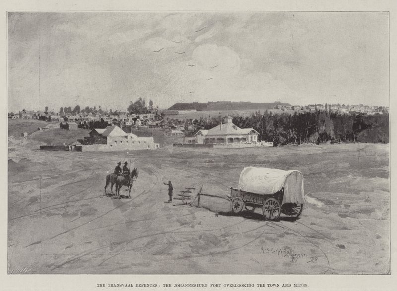 De Transvaal verdedigingen, het fort van Johannesburg met uitzicht op de stad en mijnen door Henry Charles Seppings Wright