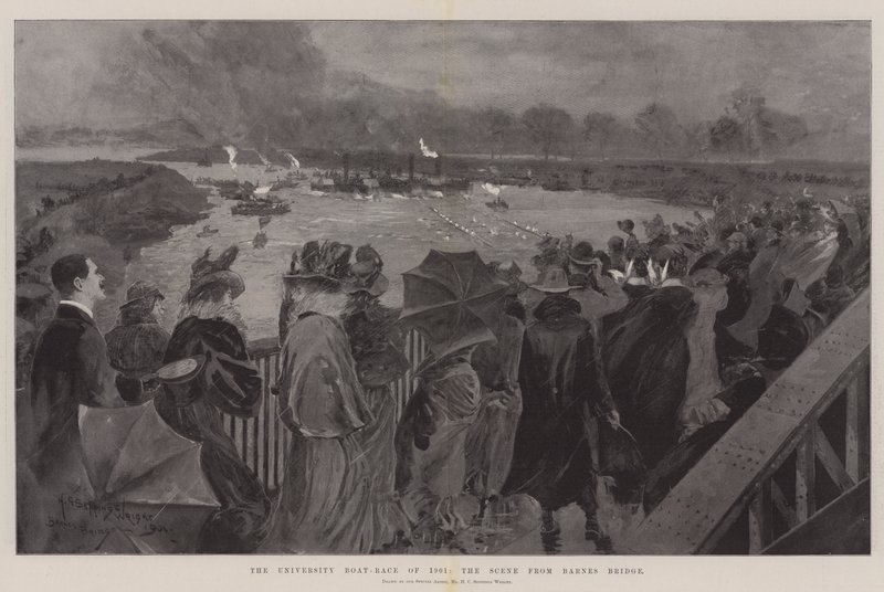 De universiteitsbootrace van 1901, het tafereel vanaf Barnes Bridge door Henry Charles Seppings Wright