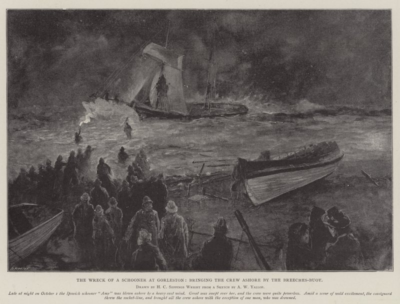 Het Wrak van een Schoener bij Gorleston, het Brengen van de Bemanning aan Land met de Broekboei door Henry Charles Seppings Wright