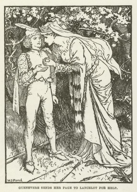 Guenevere stuurt haar page naar Lancelot voor hulp door Henry Justice Ford