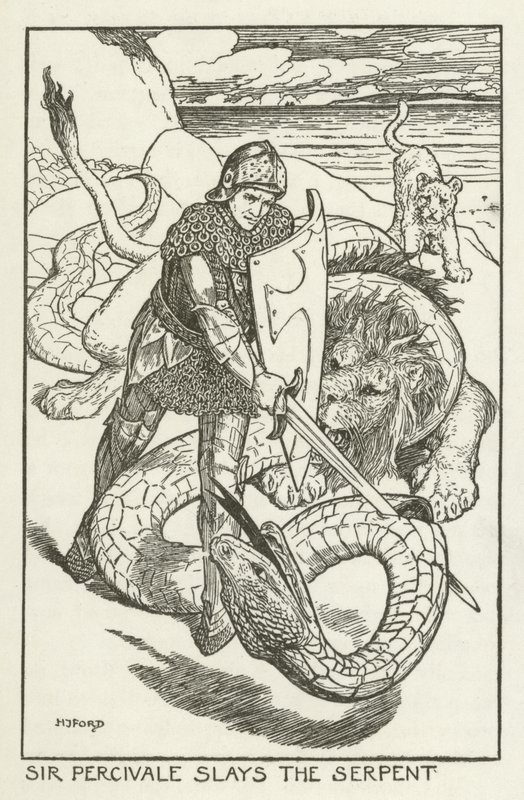 Sir Percivale doodt de slang door Henry Justice Ford