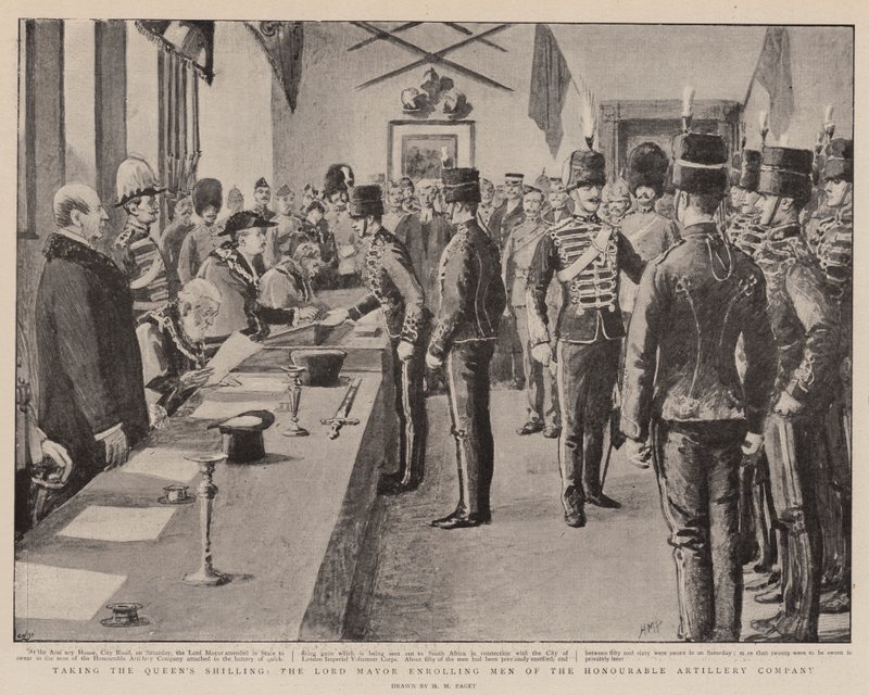 Het Aannemen van de Shilling van de Koningin, de Lord Mayor die Mannen van de Honourable Artillery Company inschrijft door Henry Marriott Paget