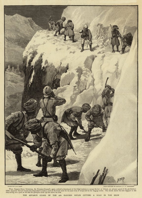 De voorhoede van de 4e Kashmir Rifles die een weg in de sneeuw banen door Henry Marriott Paget
