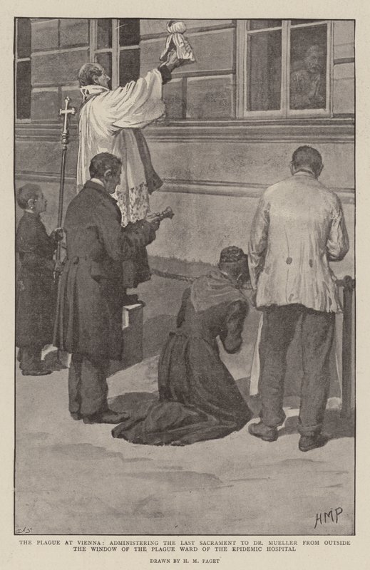 De Pest in Wenen, het toedienen van het Laatste Sacrament aan Dr. Mueller van buiten het raam van de pestafdeling van het Epidemisch Ziekenhuis door Henry Marriott Paget