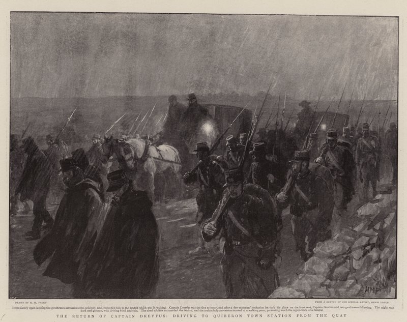De terugkeer van kapitein Dreyfus, rijdend naar Quiberon Town Station vanaf de kade door Henry Marriott Paget