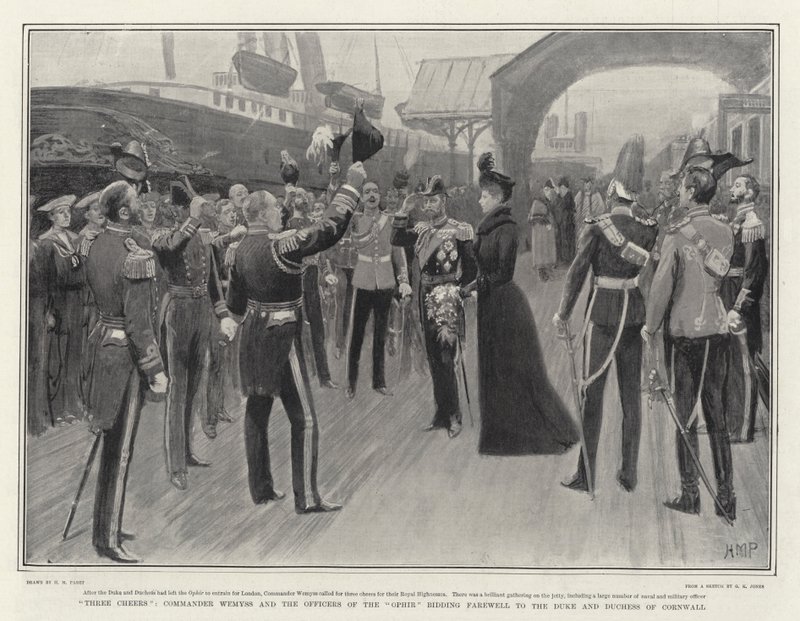 Driewerf Hoera, Commandant Wemyss en de Officieren van de Ophir nemen afscheid van de Hertog en Hertogin van Cornwall door Henry Marriott Paget