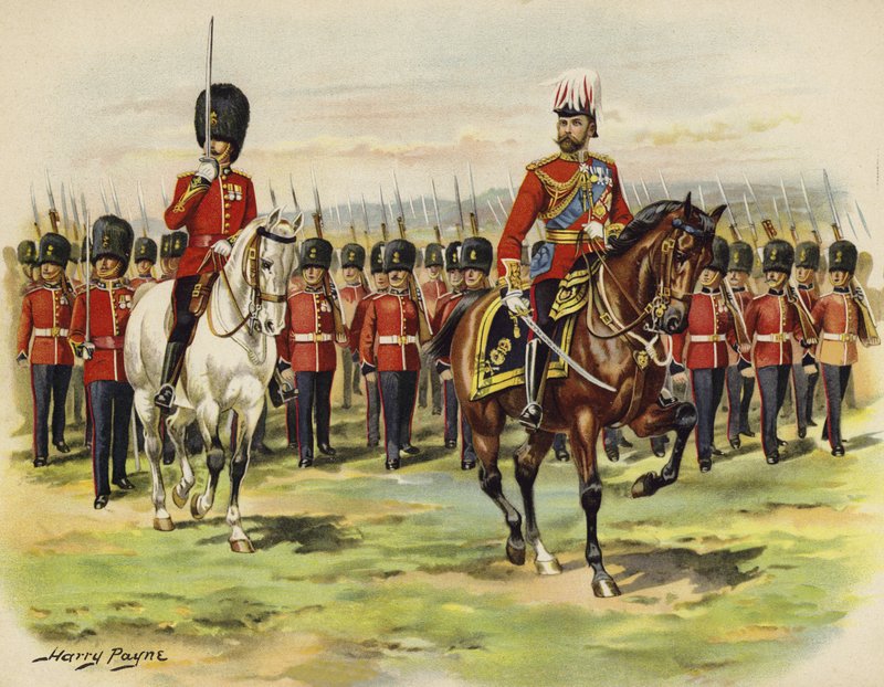 Koning George V als Prins van Wales leidt zijn regiment, de Royal Fusiliers, in Aldershot door Henry Payne