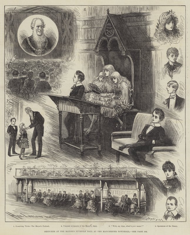 Schetsen op het jeugdige bal van de burgemeester in het stadhuis van Manchester door Henry Stephen Ludlow