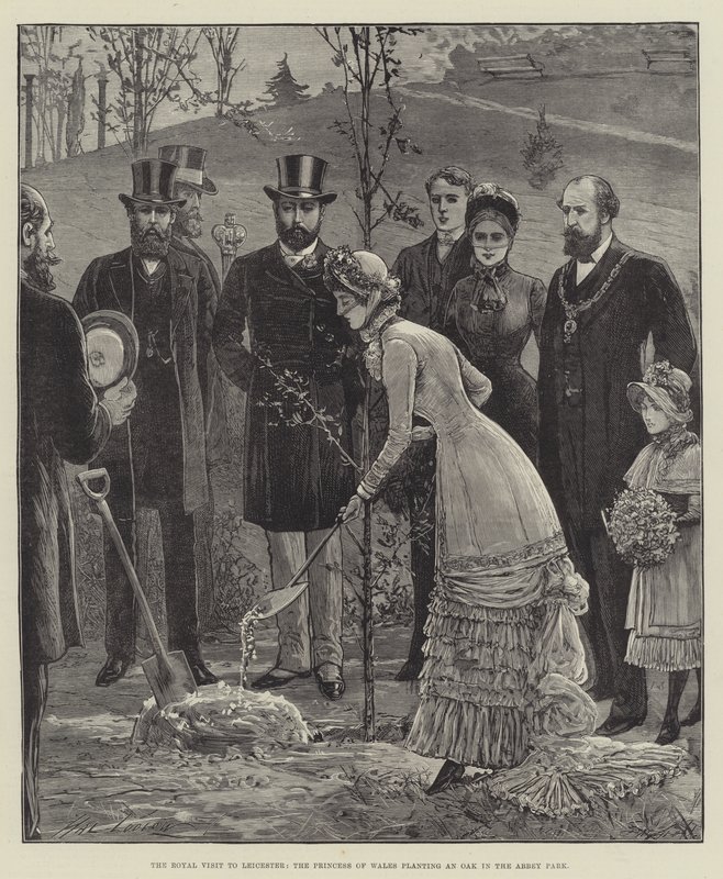 Het koninklijk bezoek aan Leicester, de prinses van Wales plant een eik in het Abbey Park door Henry Stephen Ludlow