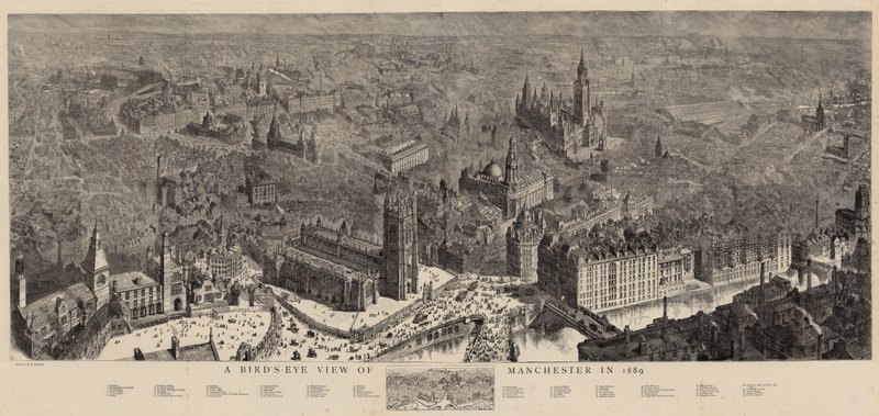 Vogelvlucht van Manchester in 1889 door Henry William Brewer