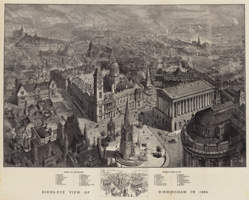 Vogelvlucht van Birmingham in 1886 door Henry William Brewer
