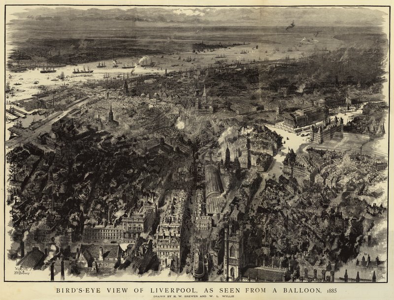 Vogelvlucht van Liverpool, gezien vanuit een ballon, 1885 door Henry William Brewer