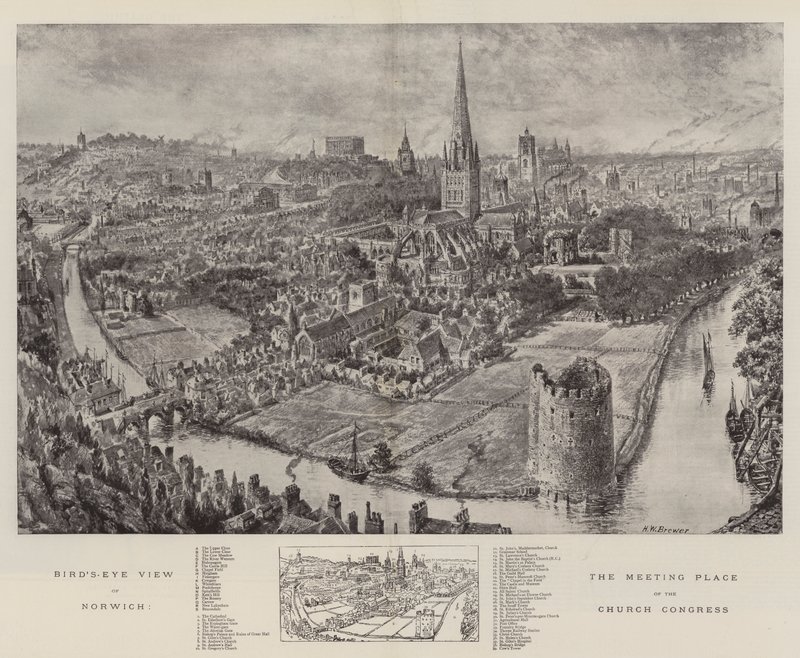 Vogelperspectief van Norwich, de ontmoetingsplaats van het kerkcongres door Henry William Brewer