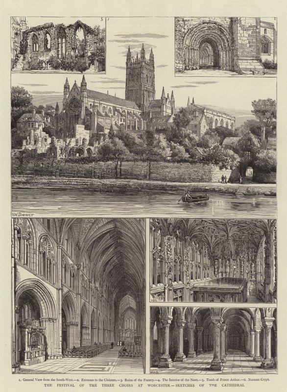 Het festival van de drie koren in Worcester, schetsen van de kathedraal door Henry William Brewer