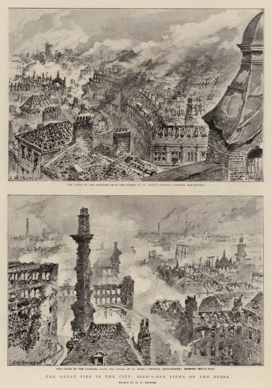 De Grote Brand in de Stad, Vogelvlucht van de Ruïnes door Henry William Brewer