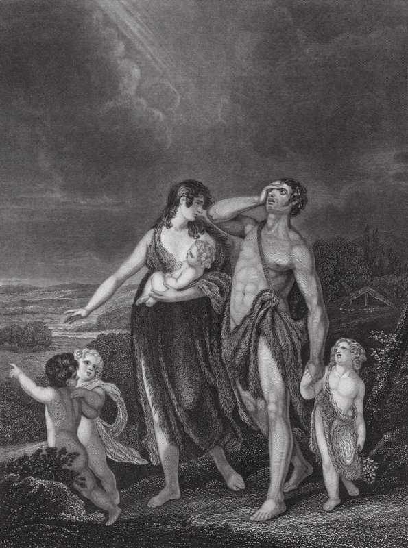 Het vertrek van Kaïn, Genesis, Hoofdstuk 4, vers 16 (gravure) door Henry (after) Singleton