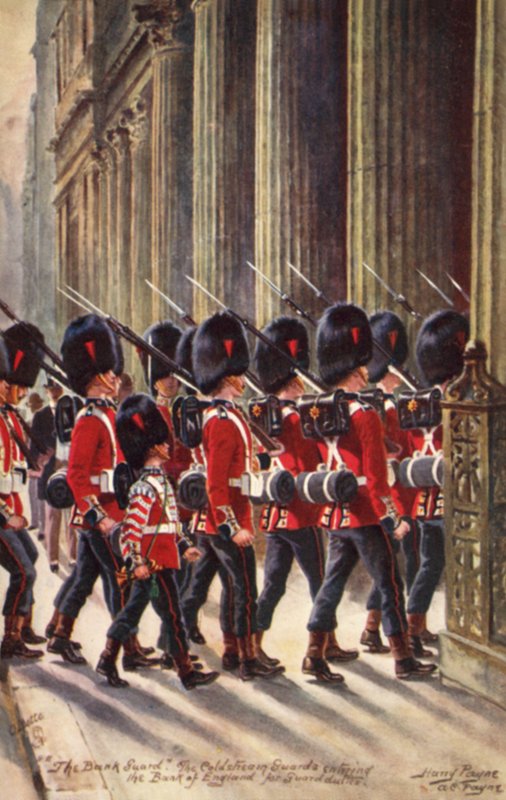 Coldstream Guards betreden de Bank of England voor wachtdienst door Henry A. Payne