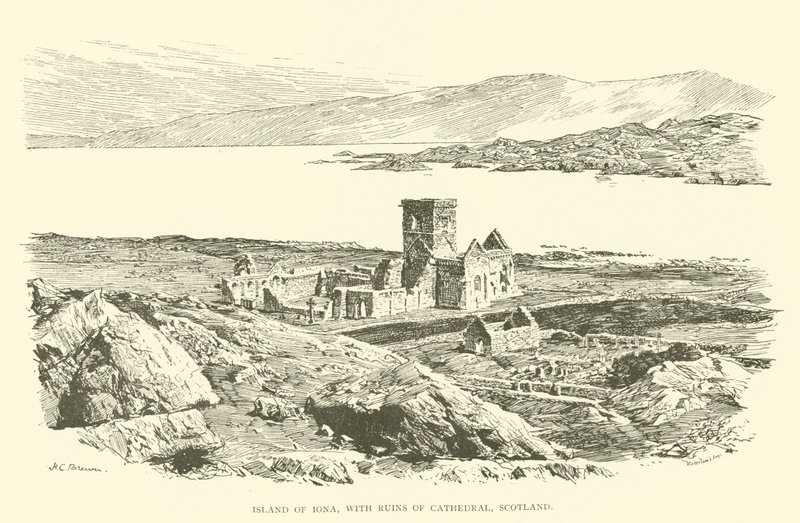 Eiland Iona, met ruïnes van de kathedraal, Schotland (gravure) door Henry Charles Brewer