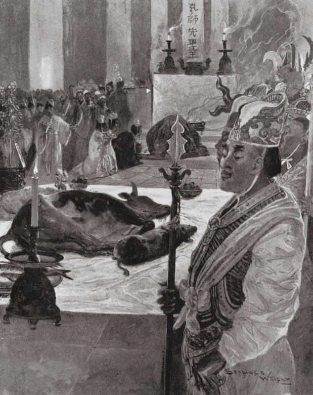 Een offer in een Confuciaanse tempel door Henry Charles Seppings Wright