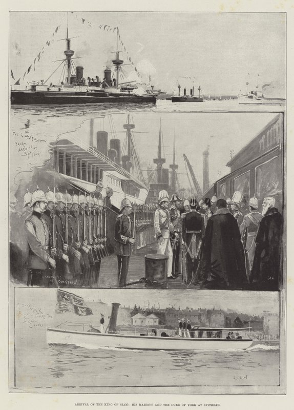 Aankomst van de Koning van Siam, Zijne Majesteit en de Hertog van York bij Spithead door Henry Charles Seppings Wright