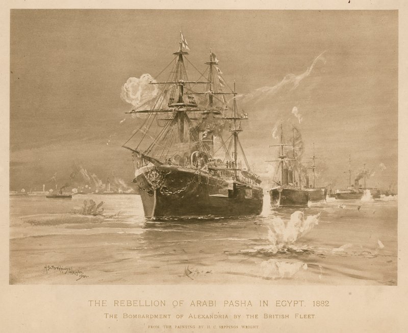 Bombardement van Alexandrië door de Britse vloot tijdens de opstand van Ali Pasha, Egypte door Henry Charles Seppings Wright