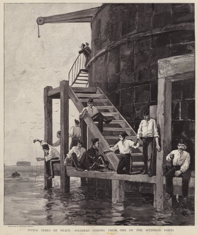 Britse soldaten vissen vanaf een van de forten bij Spithead, Hampshire door Henry Charles Seppings Wright