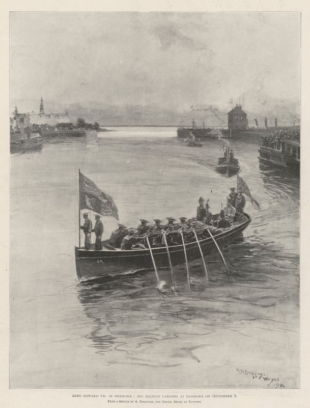 Koning Edward VII in Denemarken, Zijne Majesteit landt in Elsinore op 8 september door Henry Charles Seppings Wright