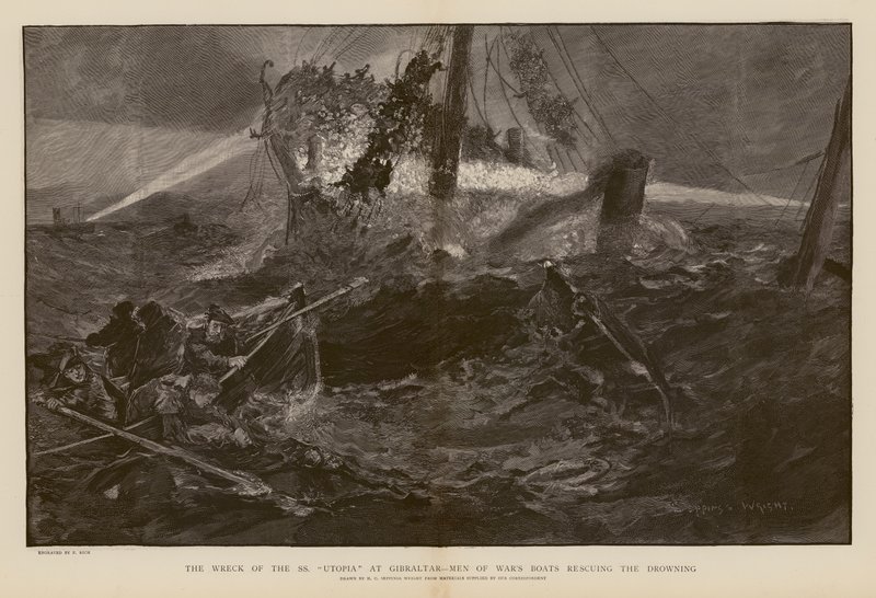 Redding van drenkelingen tijdens het wrak van SS Utopia, Gibraltar (gravure) door Henry Charles Seppings Wright