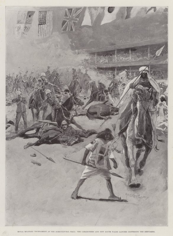 Koninklijk Militair Toernooi in de Landbouwhal, de Karabiniers en New South Wales Lancers verdrijven de Derwisjen door Henry Charles Seppings Wright