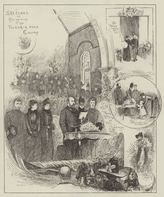 Schetsen bij de opening van de Victoria Hall, Ealing door Henry Charles Seppings Wright