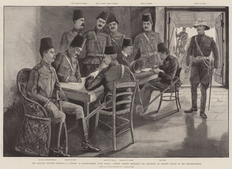 De opmars naar Dongola, een raad op het hoofdkwartier, Wady Halfa, Kapitein Watson rapporteert de ontdekking van Dervish-sporen in de buurt door Henry Charles Seppings Wright