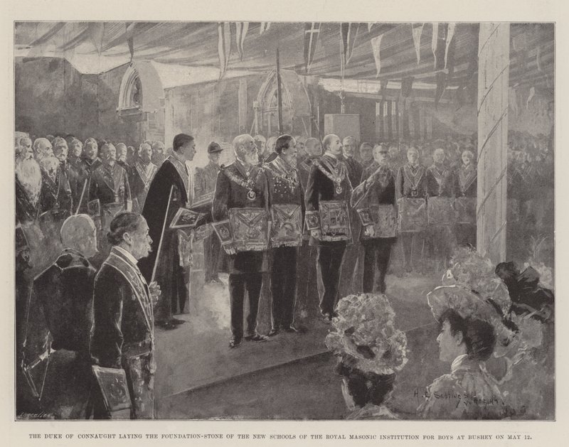De Hertog van Connaught legt de Eerste Steen van de Nieuwe Scholen van de Koninklijke Vrijmetselaarsinstelling voor Jongens in Bushey op 12 mei door Henry Charles Seppings Wright